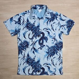 Retro‎ Rifle Dragon Peony Print Short Sleeve Polo Shirt Men's